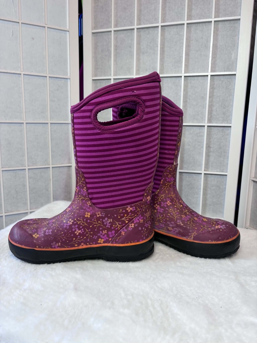 Bogs Purple Floral Stripe Kids Rain & Snow Boots
